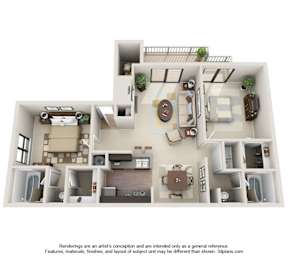 A 3D floor plan of a house with a living room, kitchen, dining room, and two bedrooms.
