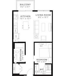 A black and white image of a floor plan for a small apartment.