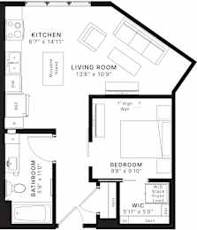 A black and white image of a floor plan for a house with a kitchen, living room, bedroom, and bathroom.