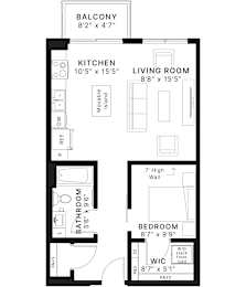 A black and white image of a floor plan for a small apartment.