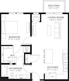 A black and white image of a floor plan for a home with a balcony, living room, bedroom, bathroom, kitchen, and a WIC area.