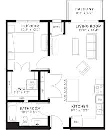 A black and white image of a floor plan for a small apartment.