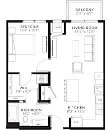 A floor plan of a small apartment with a balcony, bedroom, living room, kitchen, and bathroom.