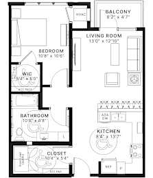 A black and white image of a floor plan for a home with a balcony, living room, bedroom, bathroom, kitchen, and closet.