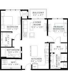 A black and white image of a floor plan for a two-bedroom apartment.