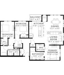 A black and white image of a house floor plan with a living room, dining room, kitchen, and four bedrooms.