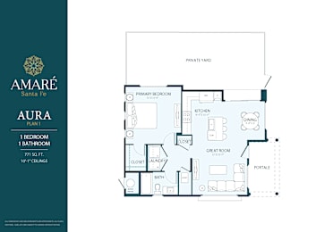 A floor plan for the Amare Santa Fe Aura, a 1 bedroom, 1 bathroom apartment with a private yard.