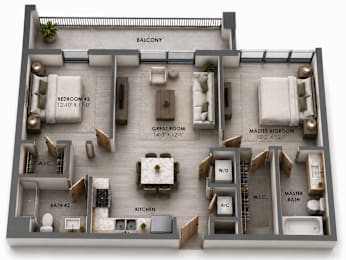 B two-bedroom apartment floor plan at MB Station apartments in Miami, FL featuring two private bedrooms, two bathrooms, an open-concept living area, modern kitchen, and outdoor living space. Pet-friendly apartments near Coral Way, Shenandoah, and Brickell.