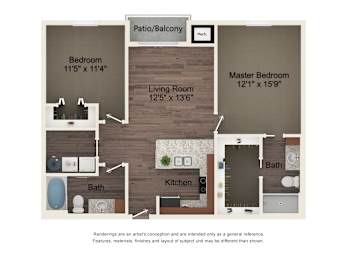 A floor plan of a home with a living room, kitchen, two bathrooms, a master bedroom, and a bedroom.