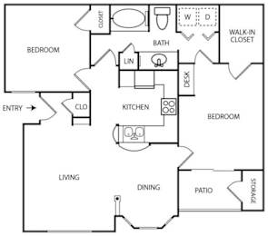 a floor plan of a house with bedrooms and a kitchen