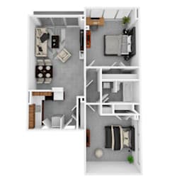 Two-bedroom apartment floor plan at Idlewild 45 Apartments in Memphis TN featuring shared living space and functional layout