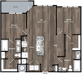 A floor plan of a house with a living room, dining room, kitchen, and bathrooms.