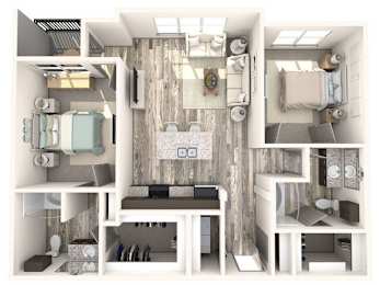 A 3D rendered image of a small apartment layout.