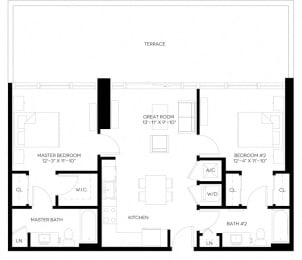 2 Bed 2 Bath 983 square feet floor plan B1-A