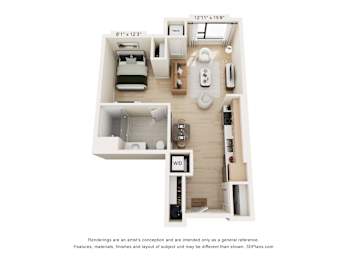 A 3D floor plan of a small apartment with a kitchen, living room, and bathroom.
