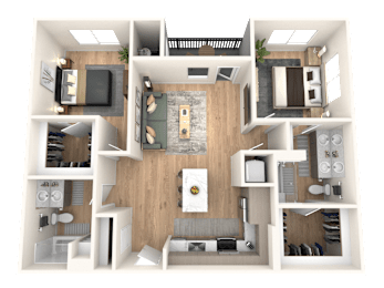 A 3D floor plan of a house with a kitchen, living room, and bedrooms.