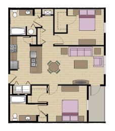 2 Bed - 2 Bath |1075 sq ft floorplan