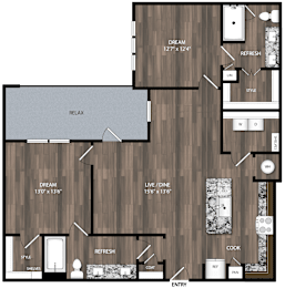 A black and white image of a floor plan for a house with a living room, dining room, kitchen, and two bedrooms.
