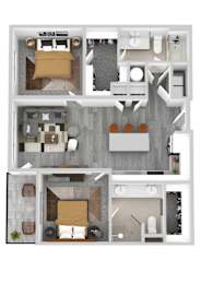 A top-down view of a house layout with a living room, kitchen, dining area, and bedrooms.