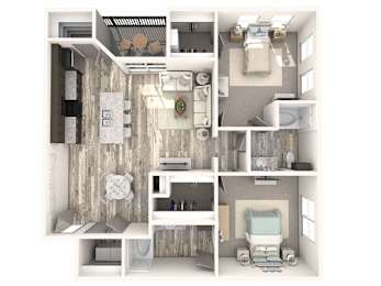 A 3D floor plan of a small apartment with a bedroom, living room, and kitchen.