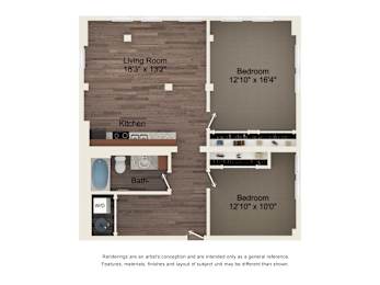 A floor plan of a home with a living room, kitchen, bath, and two bedrooms.