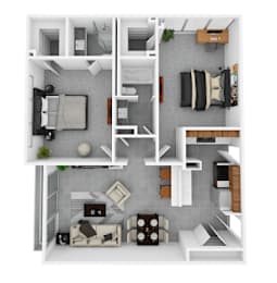 Two-bedroom two-bath apartment floor plan at Idlewild 45 in Midtown Memphis with split-bedroom layout and modern kitchen
