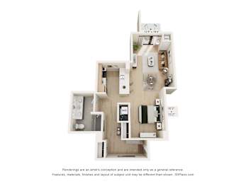 A 3D floor plan of a small apartment with a kitchen, living room, and two bedrooms.