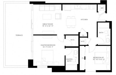 2 Bed 2 Bath 985 square feet floor plan B6-A