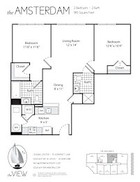 A floor plan for a 2 bedroom, 2 bathroom apartment with a kitchen and living room.