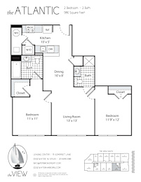 A floor plan for an apartment with a kitchen, living room, and two bedrooms.
