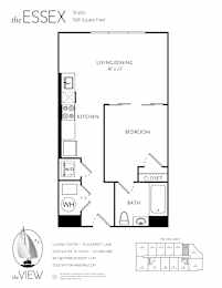 A black and white image of a floor plan for a studio apartment.