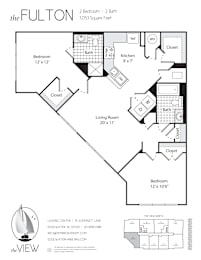 A floor plan for a property called The Fulton, showing a living room, two bedrooms, a bathroom, a kitchen, and closets.
