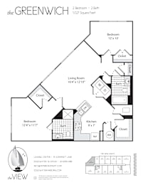 A floor plan for a 2 bedroom, 2 bath apartment at the Greenwich.