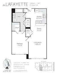A floor plan for a property called The Lafayette, showing a living room, dining room, kitchen, and two bedrooms.