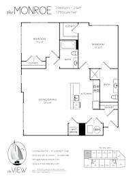 A floor plan for a 2 bedroom, 2 bath apartment at the Monroe.
