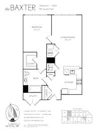 A floor plan for an apartment at the Baxter shows a bedroom, living/dining area, kitchen, bathroom, and closet.