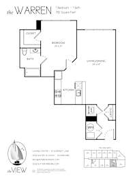 A floor plan for an apartment at the Warren, showing a bedroom, bathroom, living/dining area, and kitchen.