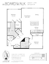 A black and white diagram of a house layout with a living room, dining room, two bedrooms, two bathrooms, a kitchen, and a closet.