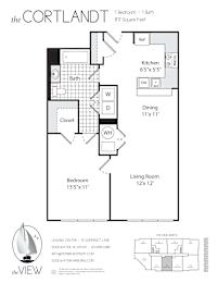 A floor plan for a property called The Cortlandt shows a living room, dining room, kitchen, and two bedrooms.