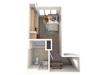 A 3D rendered image of a small, modern bathroom.