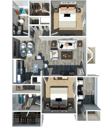a stylized floor plan of a bedroom and living room
