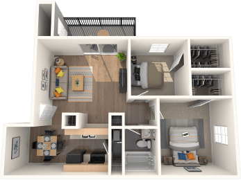 a rendering of a 3d floor plan with a bedroom and a living room