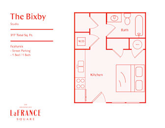 A red floor plan for a studio apartment at 317 Total Sq. Ft. with a kitchen, bath, and w/d.