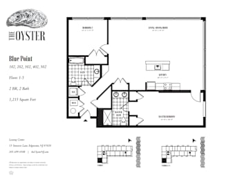A floor plan for a property at Blue Point shows a 2 bedroom, 2 bath home with a garage.