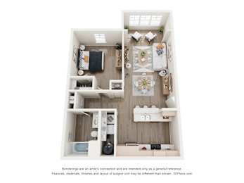 One bedroom apartment floor plan with one bathroom at Blue Sky Landing in College Park GA featuring 790 square feet and an open concept kitchen and living area