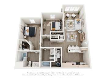 A 3D floor plan of a small apartment with a kitchen, living room, and bathroom.