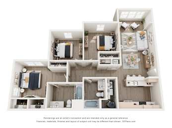 A 3D floor plan of a house with a kitchen, living room, and bathroom.
