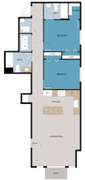A floor plan of a house with two bedrooms, a living room, a kitchen, a bathroom, and a patio.