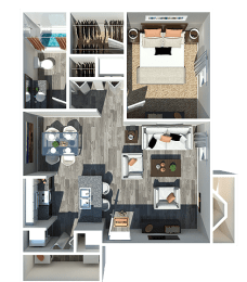 a 3d rendering of a bedroom and bathroom floor plan