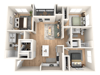 A 3D floor plan of a house showing all the rooms and their layouts.